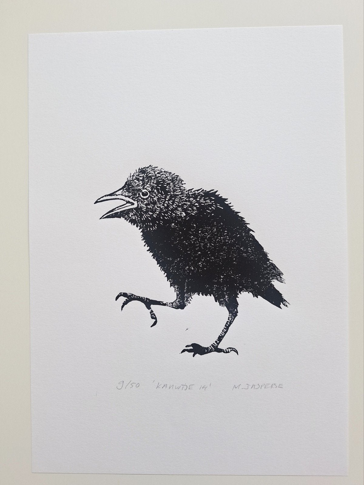 Lino 'Jonge Kauw' - A4, Handgemaakt, Genummerd & Gesigne, Verzenden, Flora en Fauna, Gesigneerd