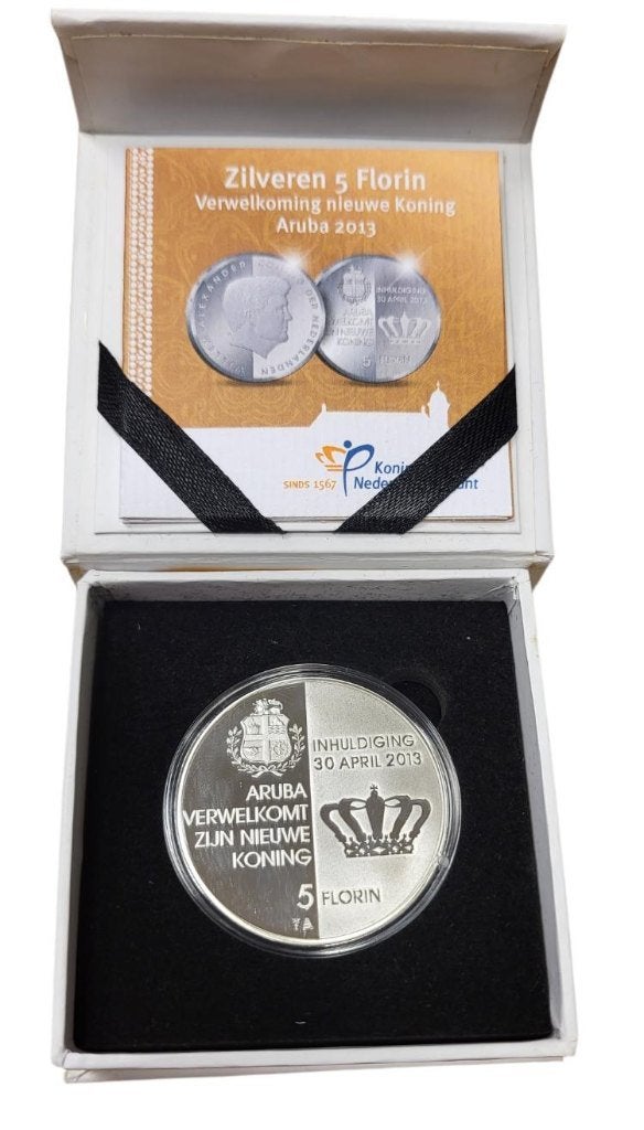 Aruba 5 Florin 2013 Verwelkoming koning Zilver Proof in doos, Koningin Beatrix, Zilver, Losse munt, Overige waardes