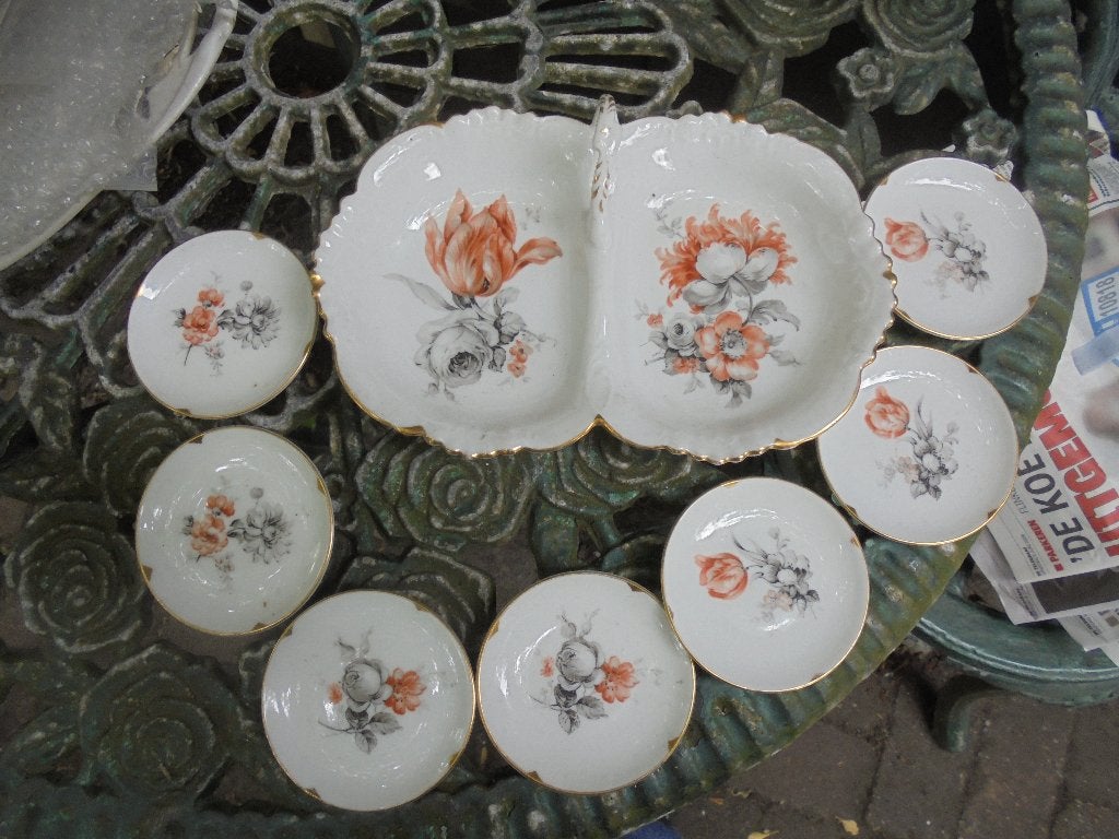 Petit fourset H R Wurtenberg met grijs / oranje roos, Antiek en Kunst, Antiek | Servies compleet, Ophalen of Verzenden
