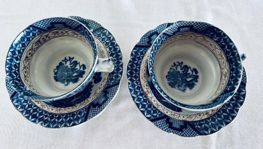 Antiek Blue Willow Servies • 2 Kop en Schotels met Goudacc, Ophalen
