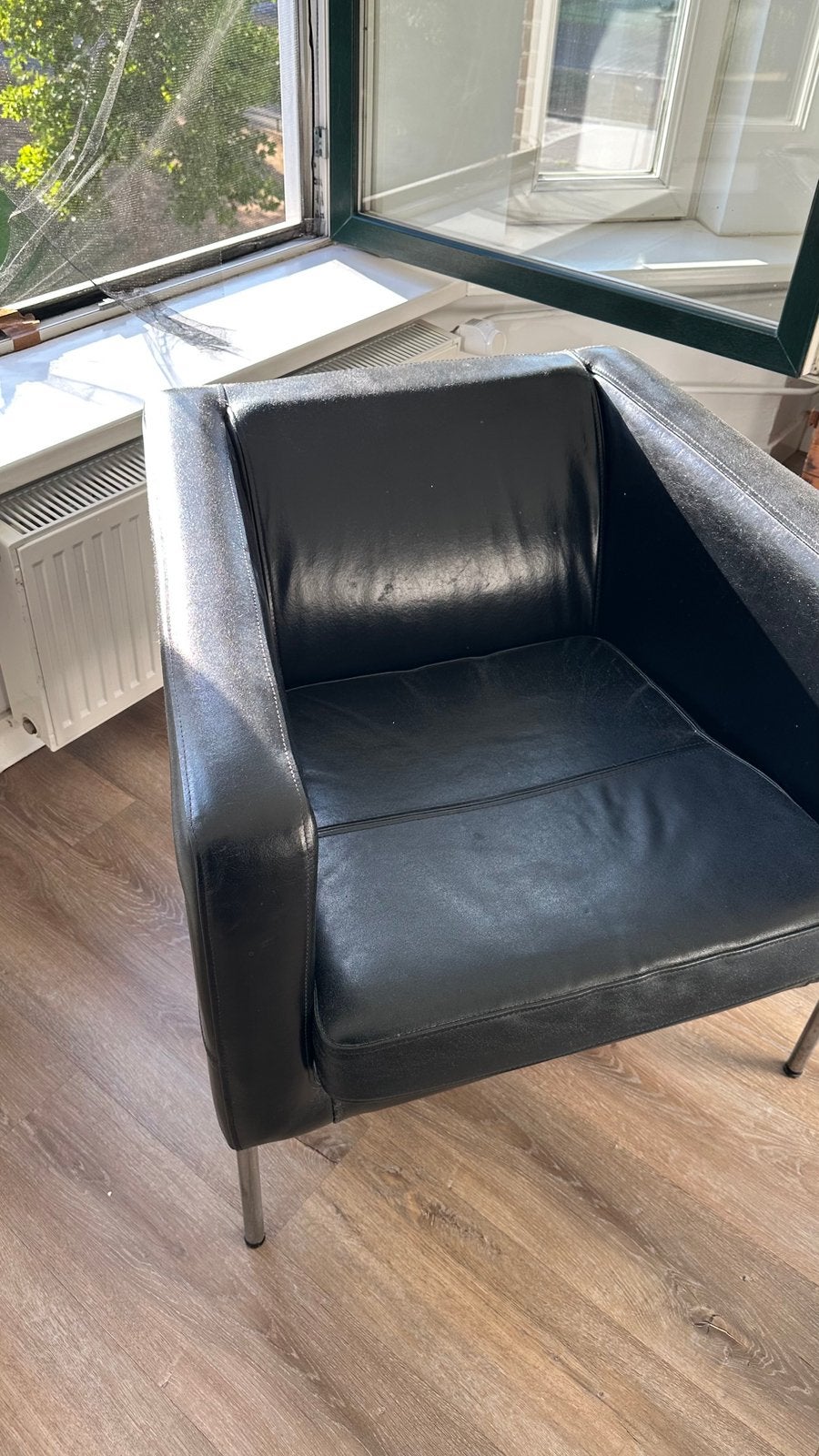 Set of Black Leather Chairs, Ophalen, Gebruikt, 75 tot 100 cm, 50 tot 75 cm