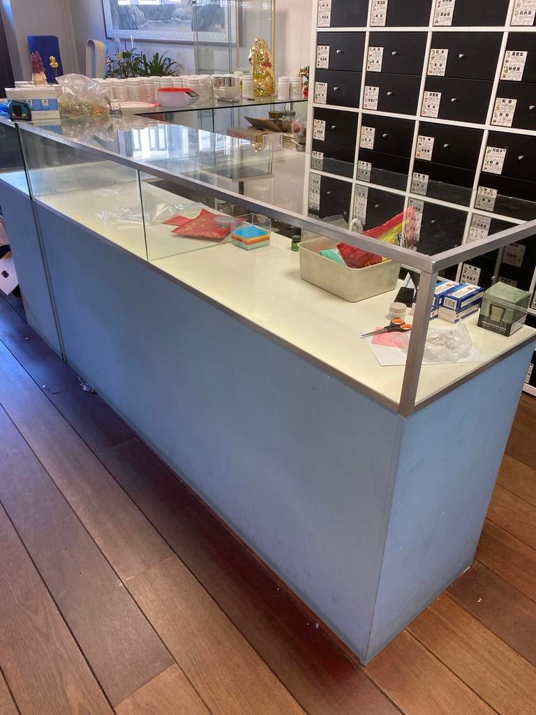 3 Glazen toonbank met opbergruimte 2x2meter 1x190cm 50DX110H, Ophalen of Verzenden