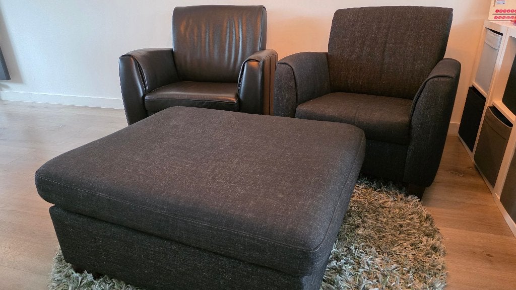 Henders en Hazel fauteuils leer en stof, met poef, Ophalen, Gebruikt, Minder dan 75 cm, 75 tot 100 cm