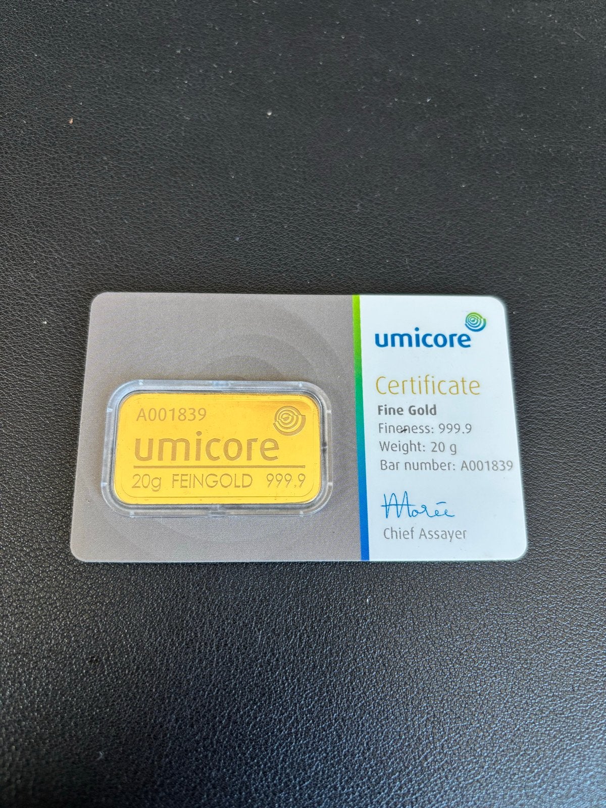 20g Umicore Goudbaar 999.9 Fijn Goud met Certificaat, Postzegels en Munten, Edelmetalen en Baren, Ophalen, Goud