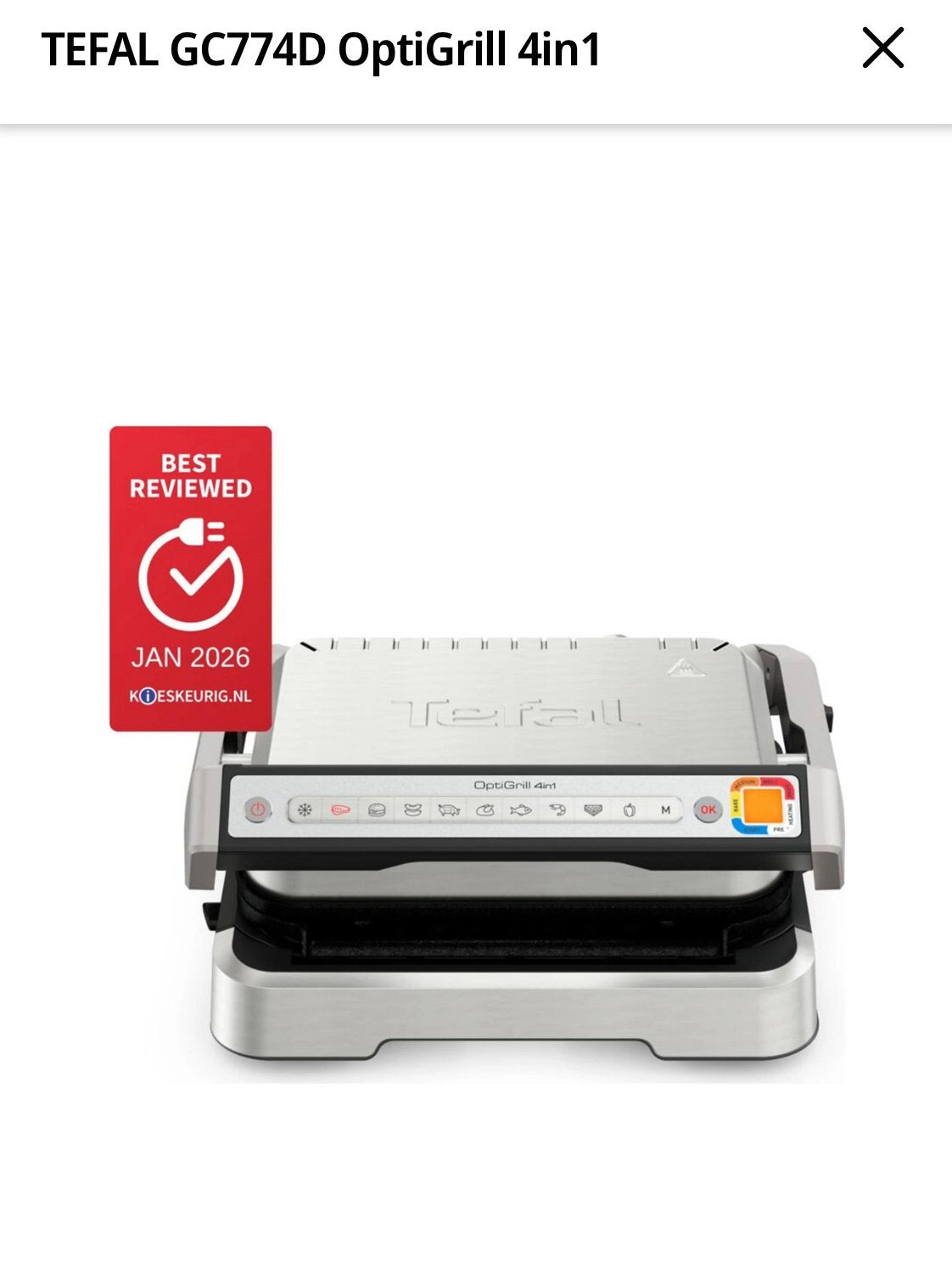 Tefal OptiGrill 4in1 GC774D Contactgrill - Nieuwstaat, Ophalen of Verzenden, Uitneembare platen, Zo goed als nieuw