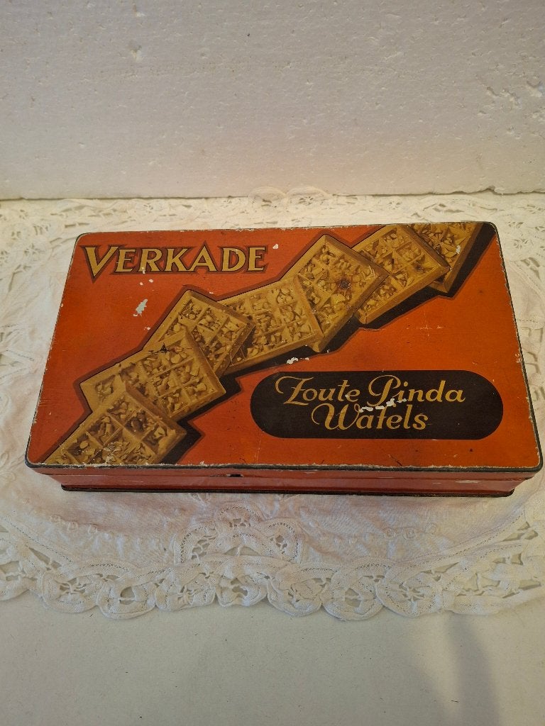 Verkade - zoute pinda wafels - rechthoekig blik uit 1933, Verzamelen, Blikken, Ophalen of Verzenden, Gebruikt, Overige, Verkade