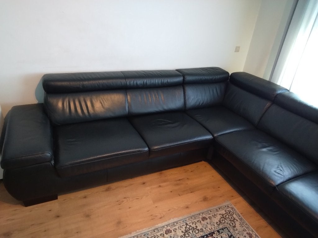 Luxe zwart lederen hoekbank, Ophalen, Hoekbank, Zo goed als nieuw, 150 cm of meer