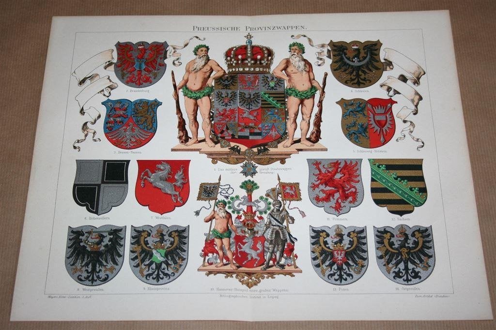 Antieke kleurenlitho - Provinciewapens Pruissen - Ca 1900, Ophalen of Verzenden