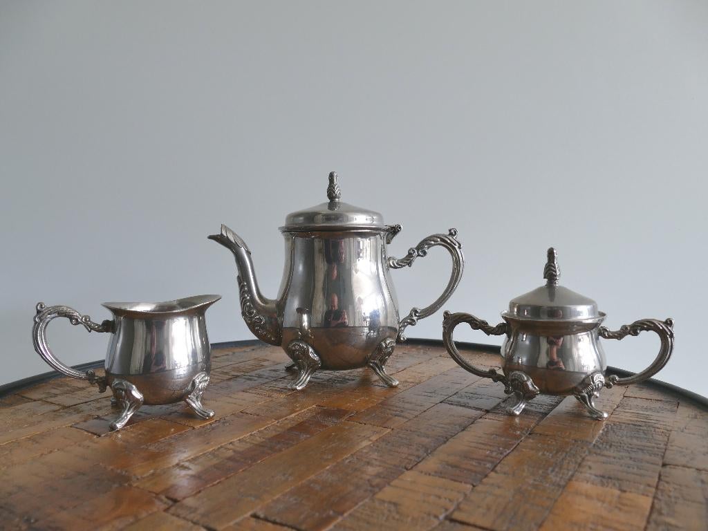 Vintage set theepot, roompot en suikerpot verzilverd, Antiek en Kunst, Ophalen of Verzenden, Zilver
