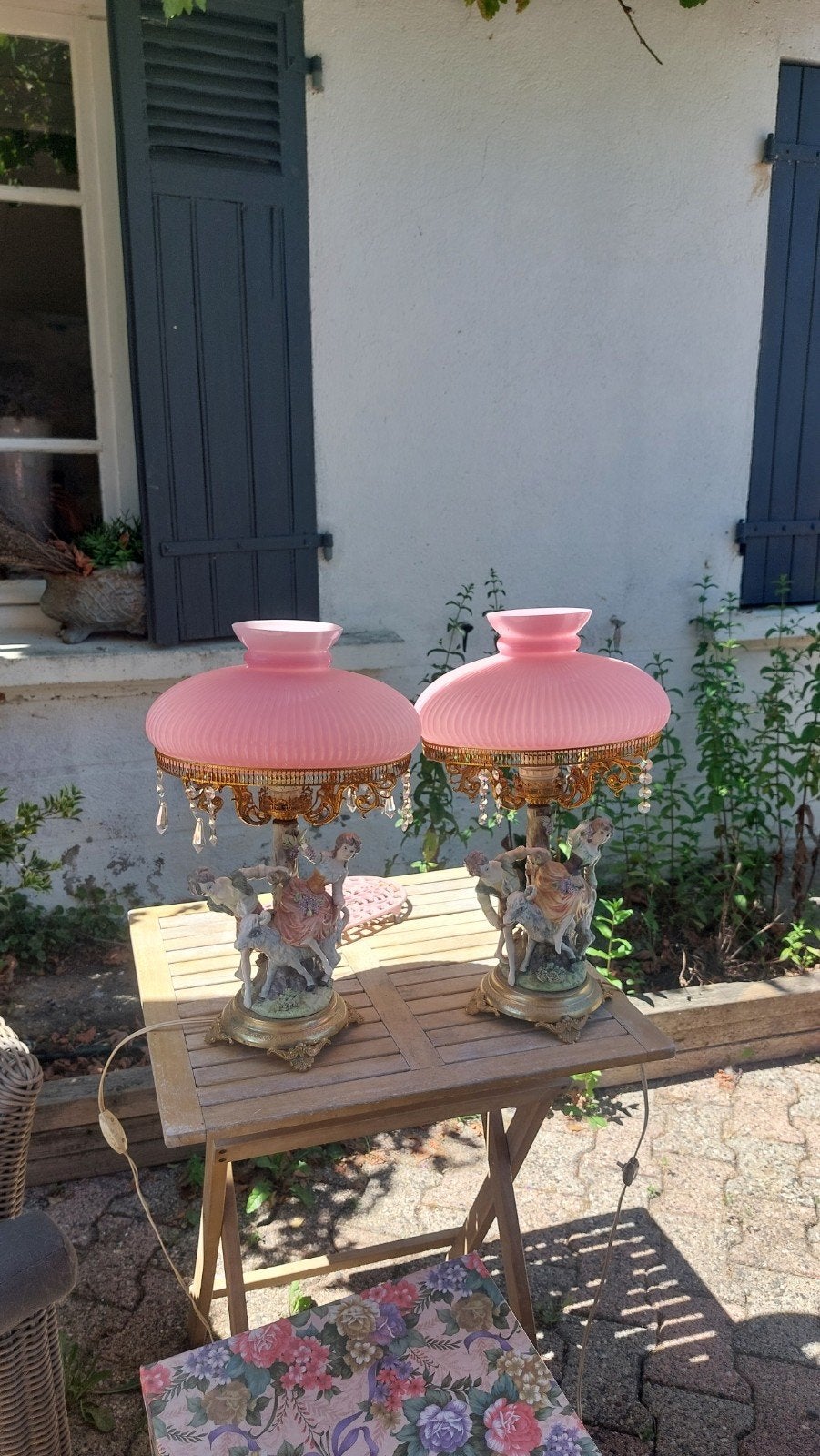 Set van 2 antieke roze lampen met cherubijnen, Antiek en Kunst, Ophalen