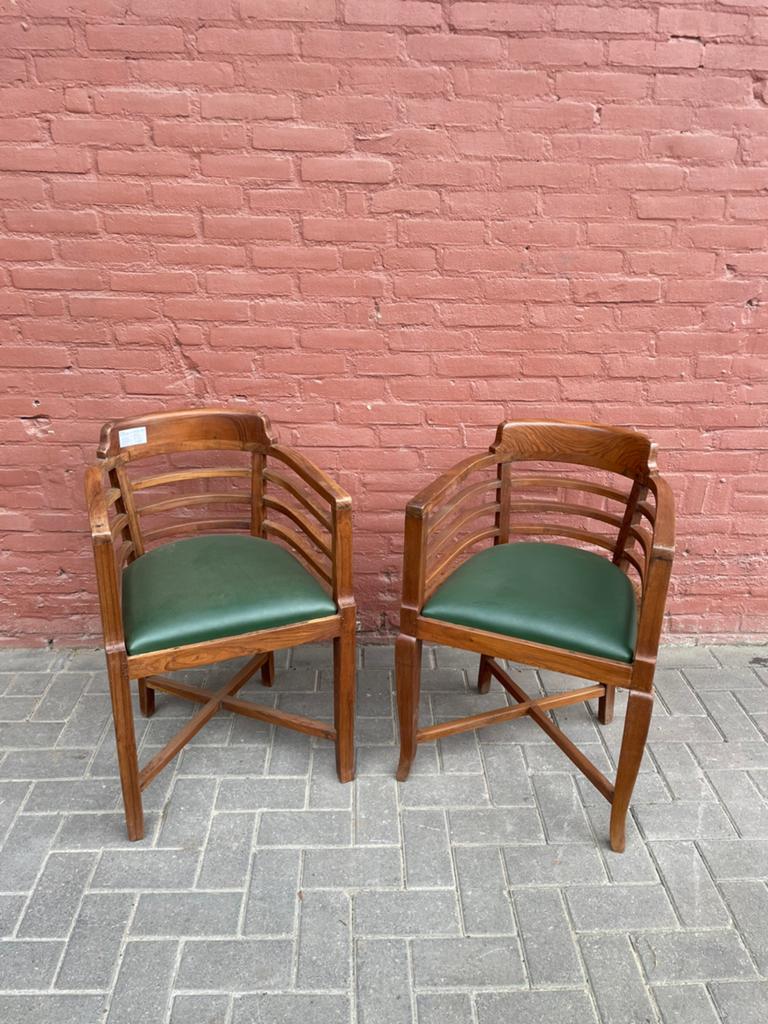 Antieke teakhouten stoelen met fraaie groene zitting, Huis en Inrichting, Stoelen, Ophalen of Verzenden, Gebruikt, Overige kleuren