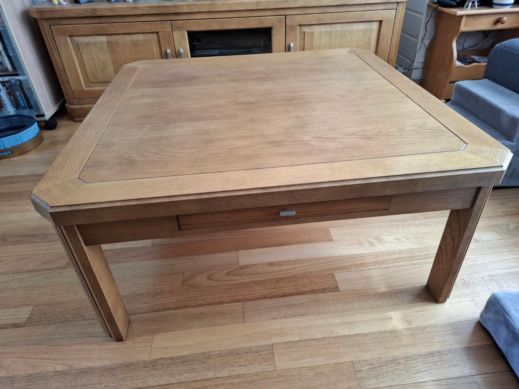 Massief eiken salontafel 100x100 cm met lade, Ophalen, Gebruikt, 100 tot 150 cm, 100 tot 150 cm