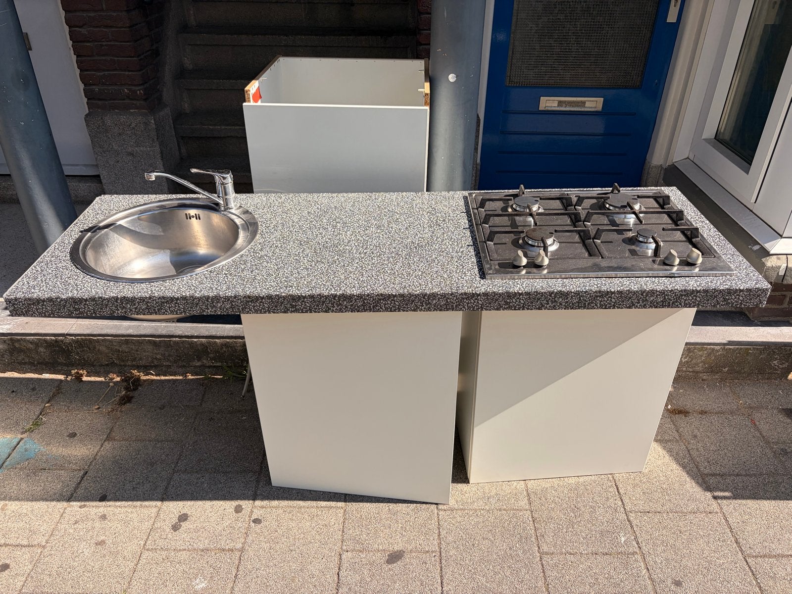 Werkblad keuken met spoelbak en kookplaat, Ophalen, Gebruikt, Wit, Enkelwandige keuken