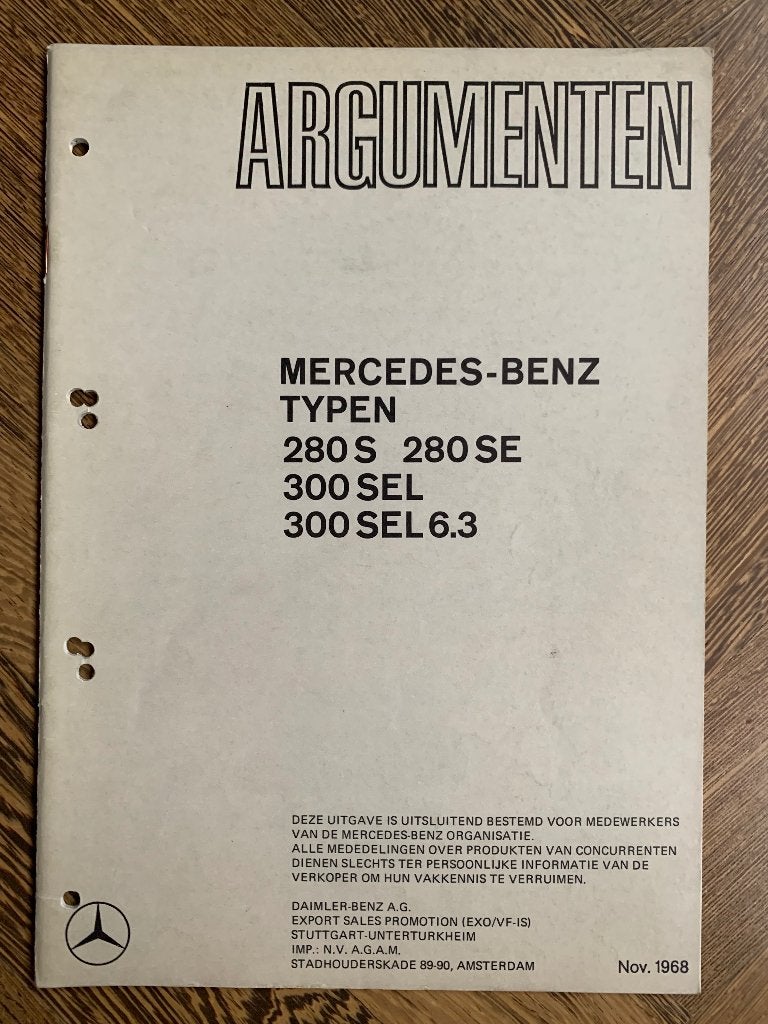 Argumenten Mercedes-Benz S-klasse W108 W109 1968, Boeken, Auto's | Folders en Tijdschriften, Zo goed als nieuw, Mercedes-Benz