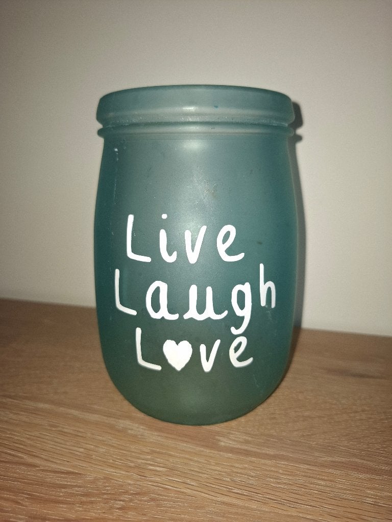 Leuke glazen pot met opschrift LIVE LAUGH LOVE, Blauw, Mediterraans, Ophalen of Verzenden, Zo goed als nieuw