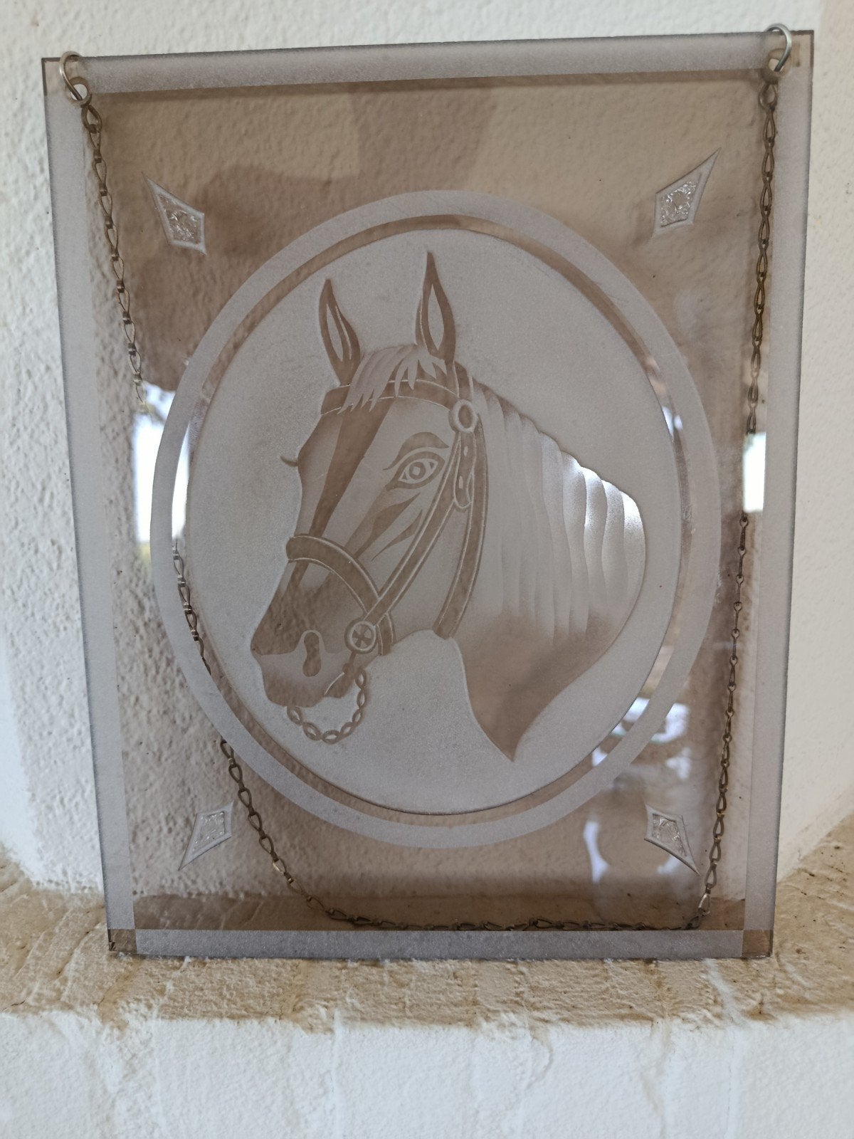 Glazen paneel met paardenhoofd - Vintage decoratie, Ophalen of Verzenden