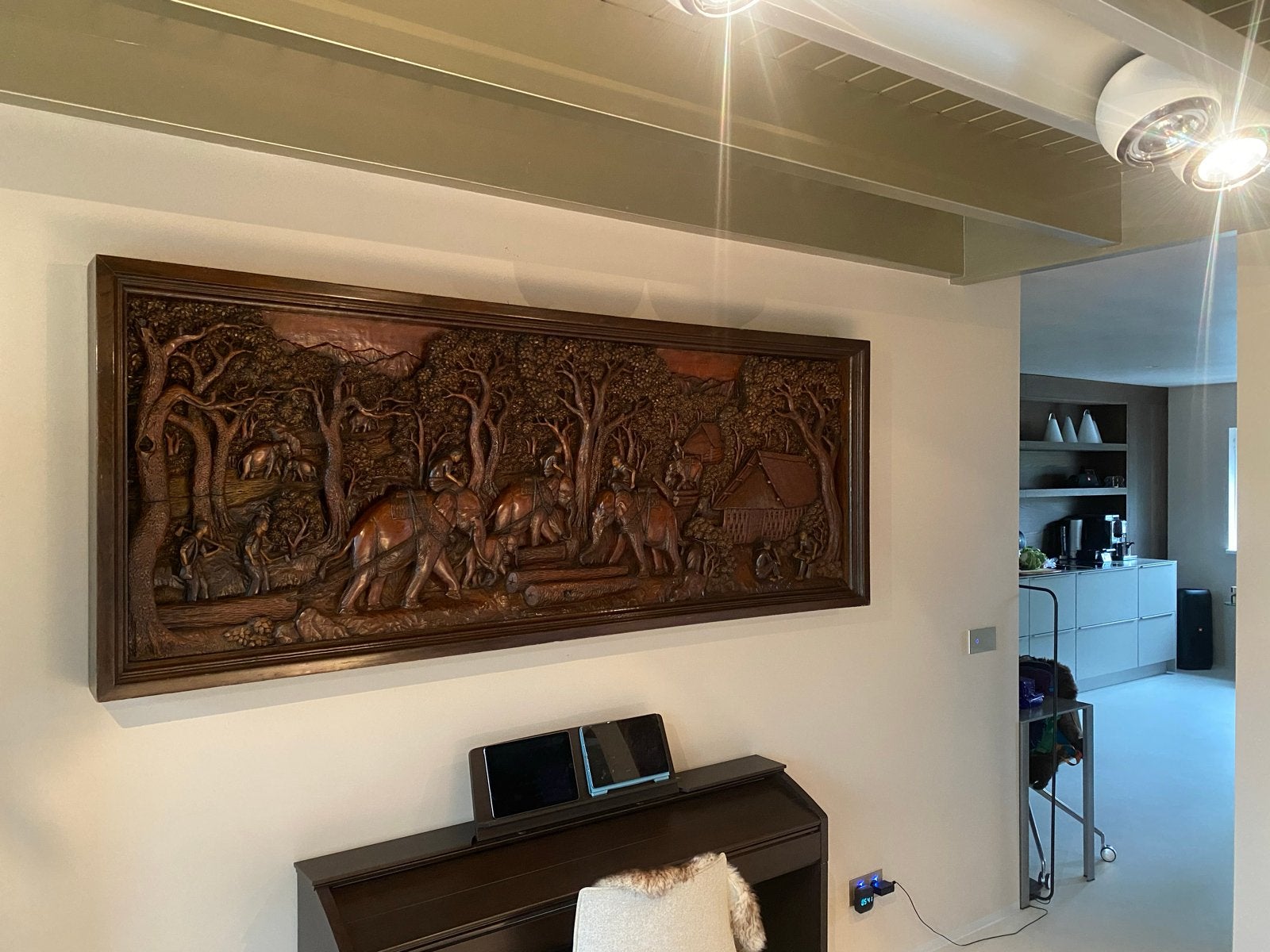 Groot houten wandpaneel met olifanten en jungle tafereel, Ophalen, Meer dan 2 meter, Wanddecoratie, Hout