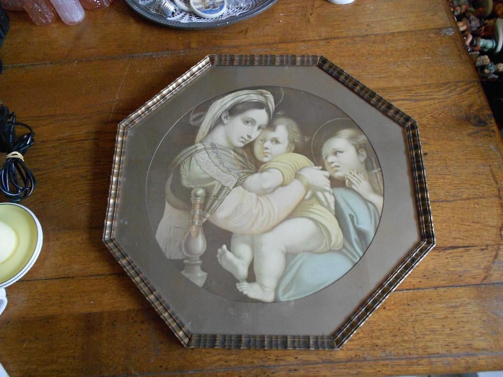 Prachtig brocant oude prent maria met kind en johannes, Ophalen of Verzenden