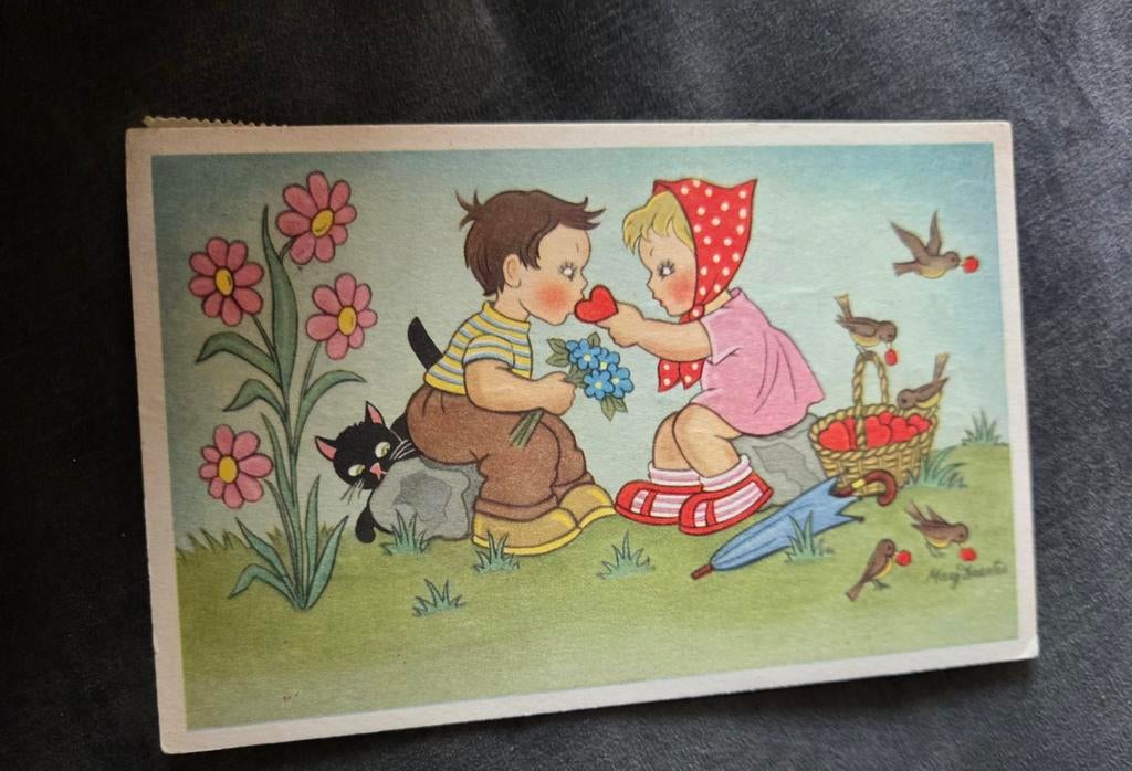 Meisje geeft jongetje een rood hartje, Verzenden, 1940 tot 1960, Ongelopen, Kinderen