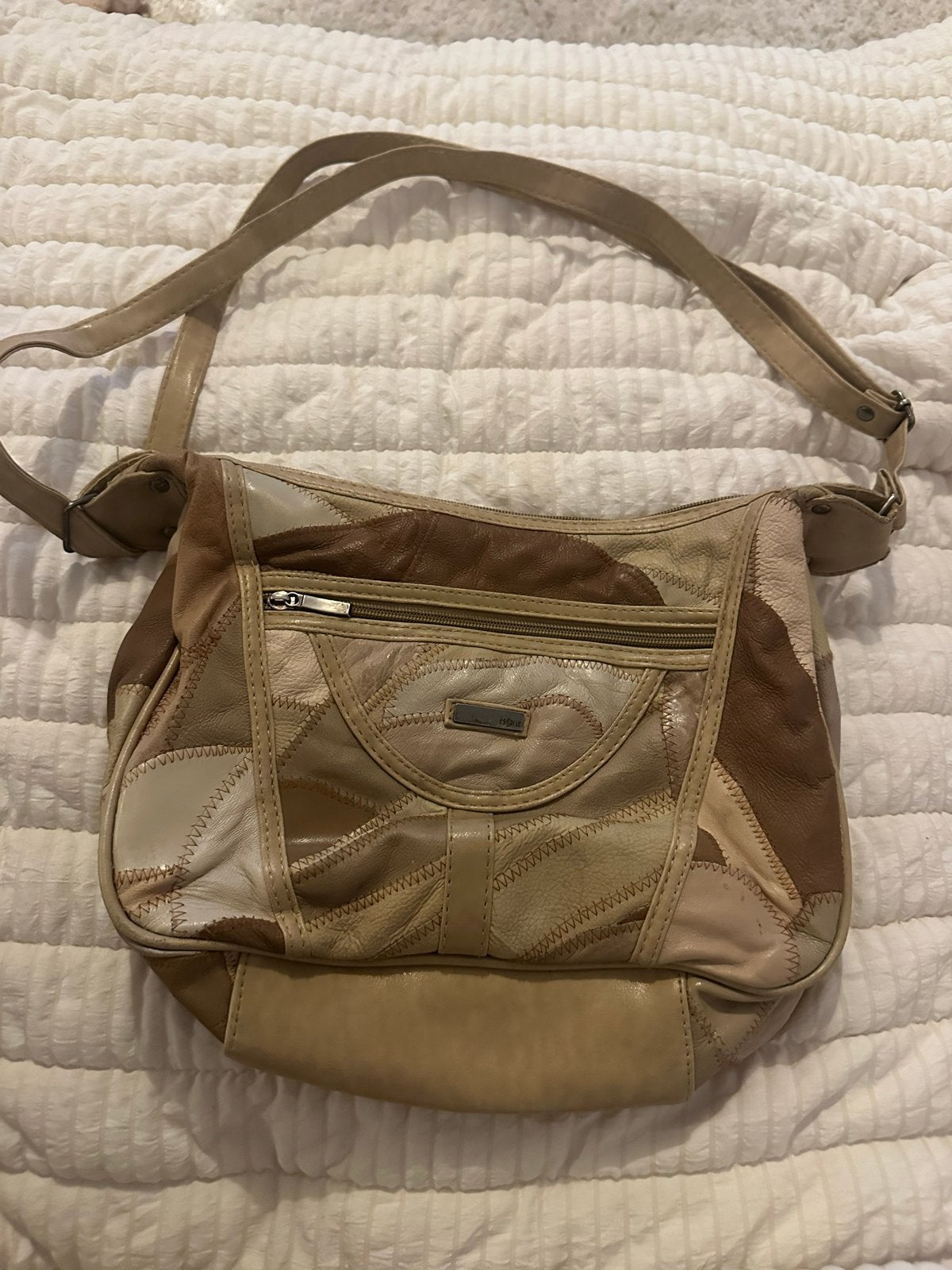 Vintage Patchwork Leren Handtas - Beige, Ophalen of Verzenden, Gebruikt, Beige, Handtas