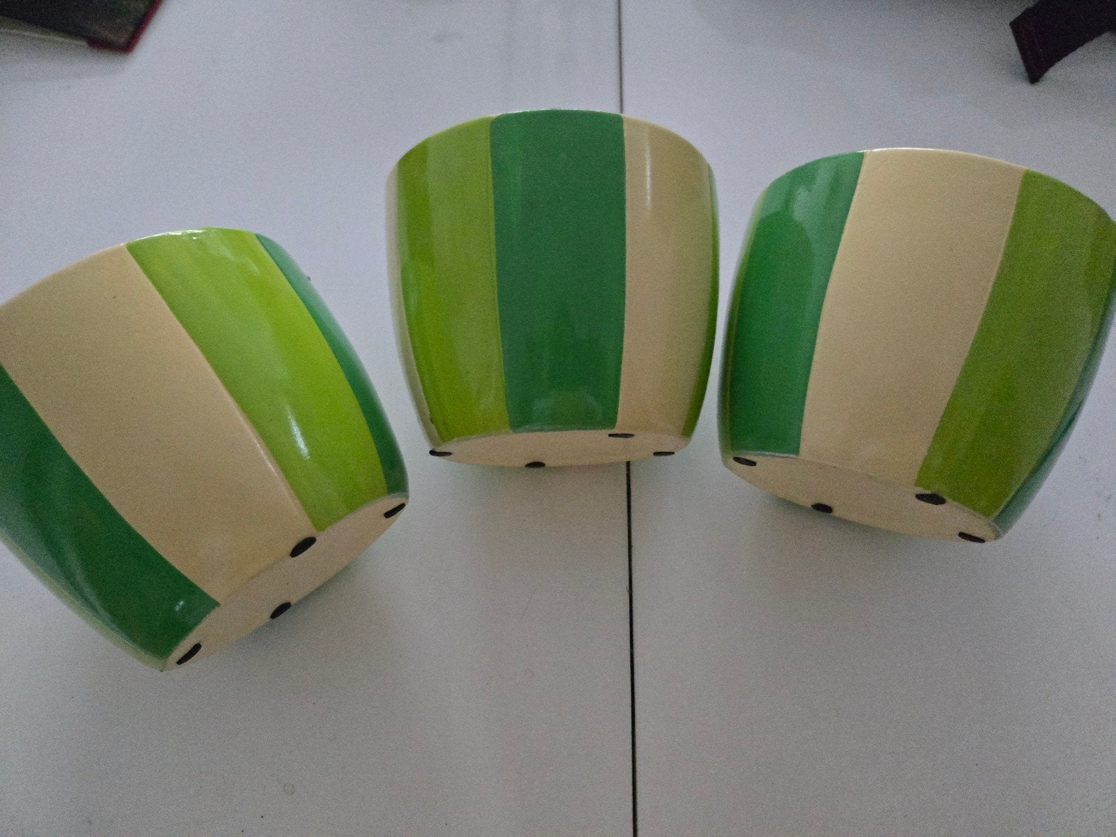 Set van 3 Groen/ecru Gestreepte Bloempotten, Ophalen, Gebruikt, Rond, Balkon