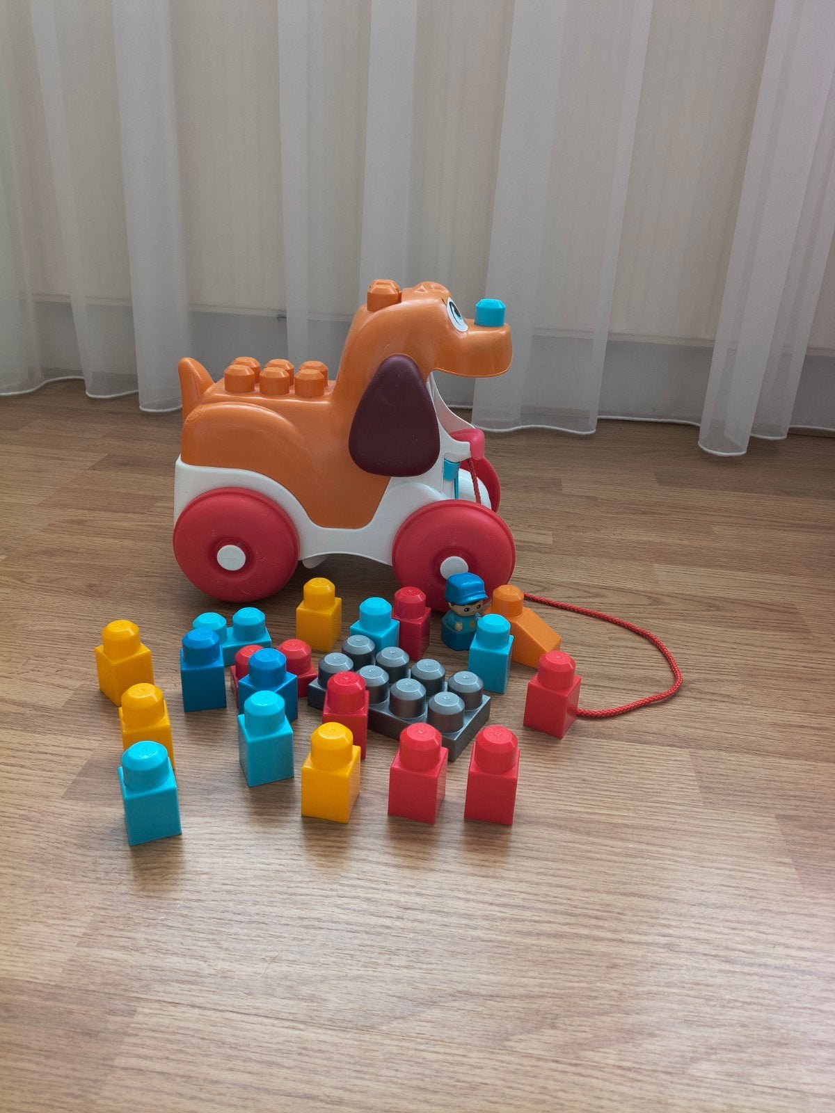 Loophond met bouwblokken., Ophalen of Verzenden