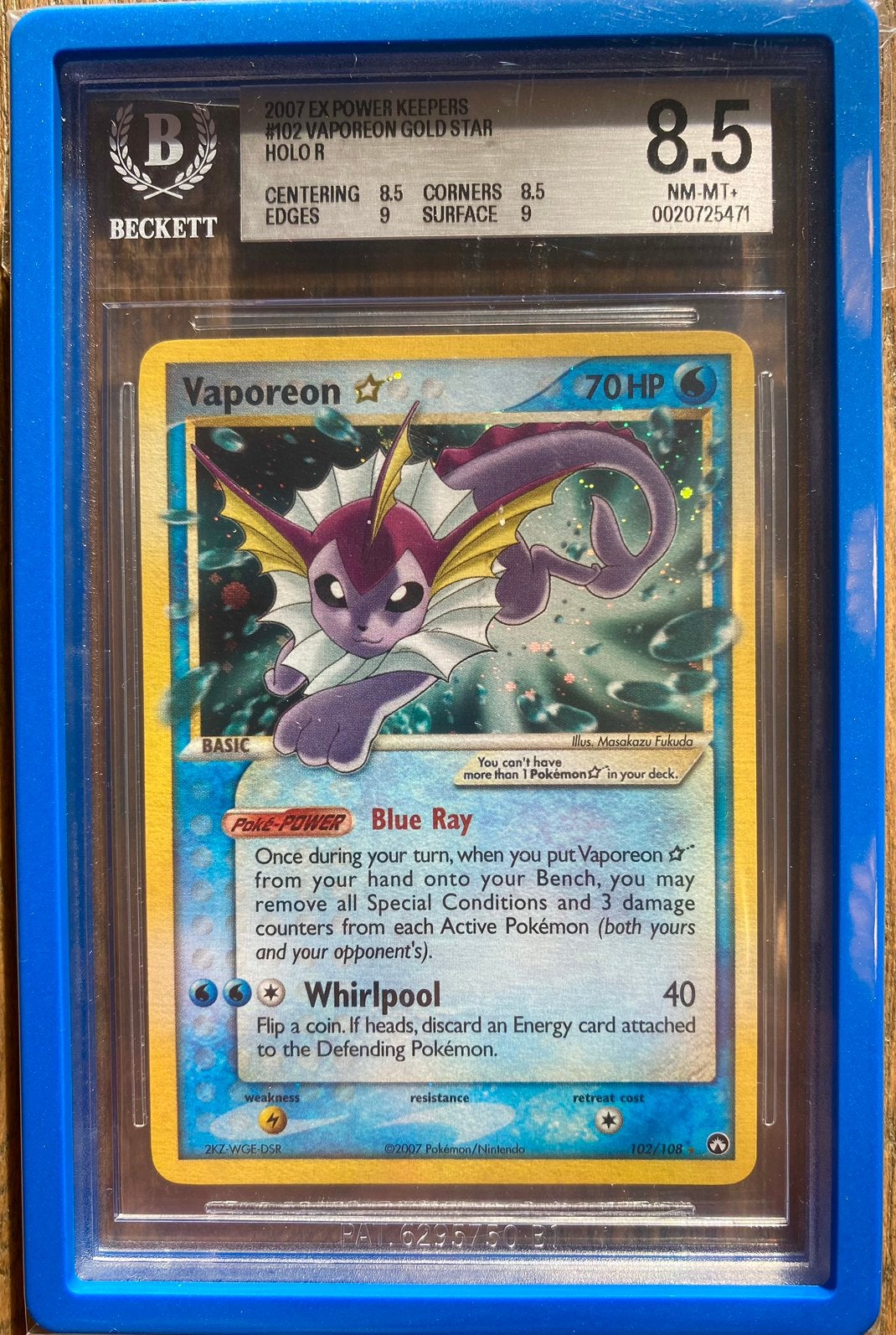 Vaporeon Goldstar Ex Power Keepers BGS8.5, Ophalen of Verzenden, Nieuw, Losse kaart, Foil