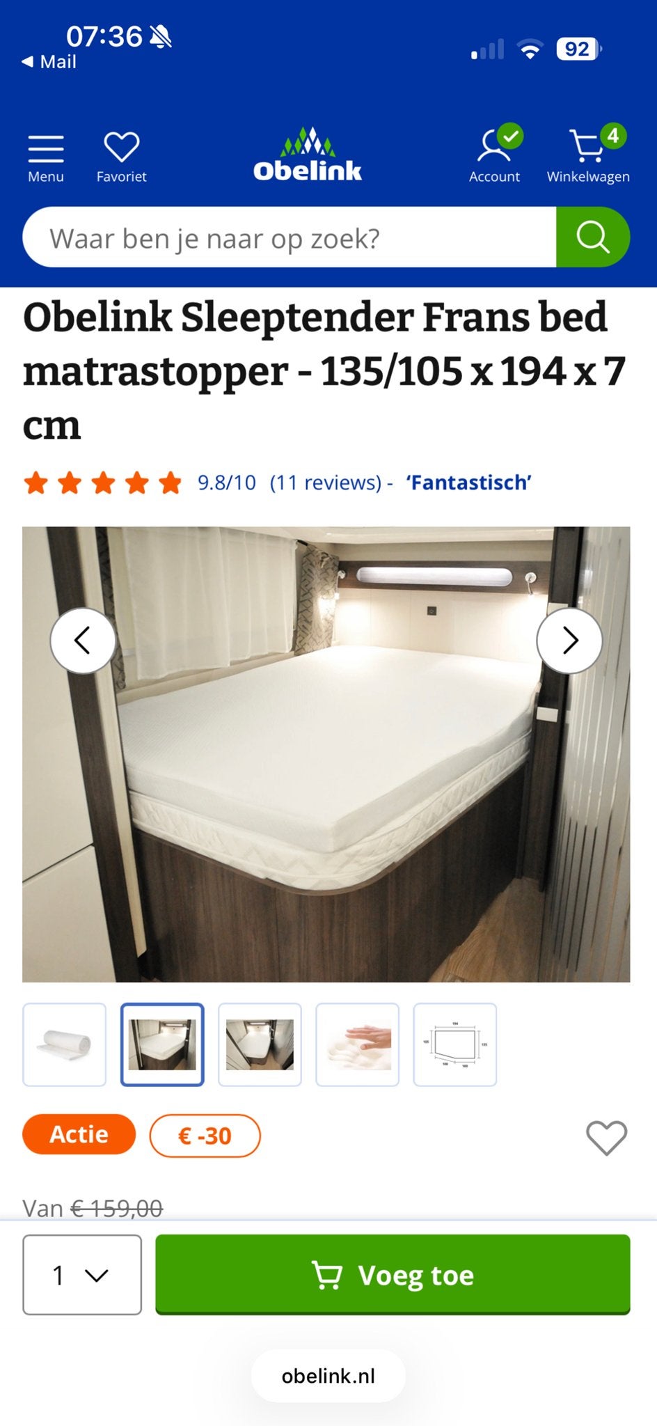Obelink  Frans bed matrastopper 135/105x194x7cm nieuw, Caravans en Kamperen, Caravan accessoires, Ophalen, Nieuw