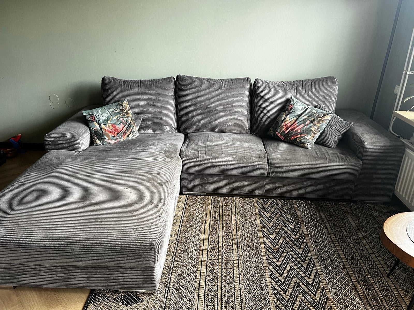 Comfortabele Hoekbank - Grijs Ribstof, Ophalen, 250 tot 300 cm, Gebruikt, 100 tot 125 cm