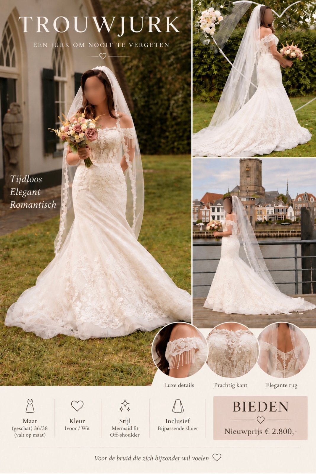 Prachtige mermaid trouwjurk met sluier - maat S (36/38), Kleding | Dames, Ophalen of Verzenden, Zo goed als nieuw, Wit, Trouwjurk