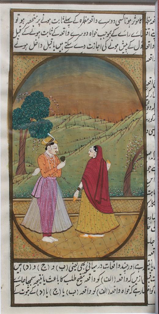 Huwelijkscadeau: Miniatuur uit India, liefdespaar op veranda, Antiek en Kunst, Kunst | Schilderijen | Klassiek, Verzenden