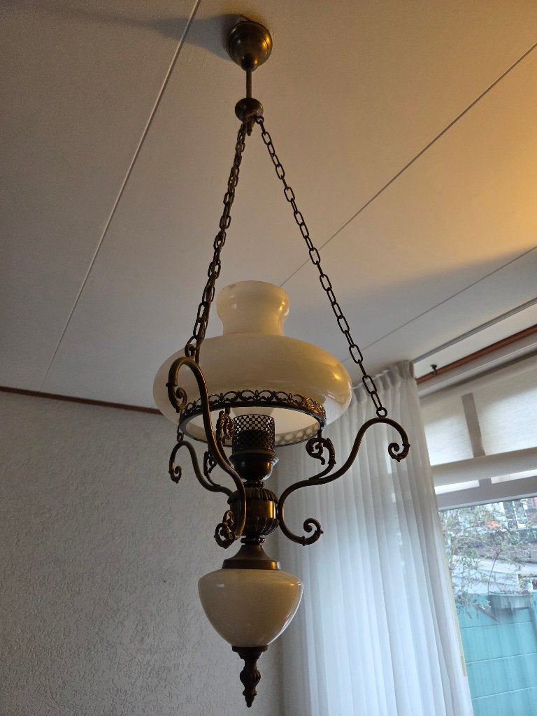 vintage hanglamp met witte glazen kap, lamp, olielamp, Ophalen of Verzenden