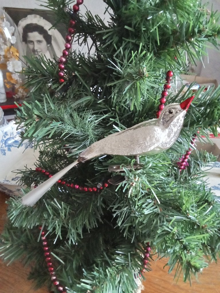 mooi oudere glazen vogeltje op clip kopje+vleugels gesuikerd, Diversen, Kerst, Ophalen of Verzenden, Gebruikt