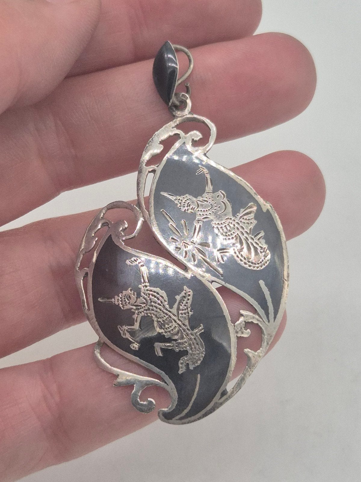 Zilveren Niello Siam Sterling Broche/Hanger, 4 tot 7 cm, Gebruikt, Verzenden, Zilver
