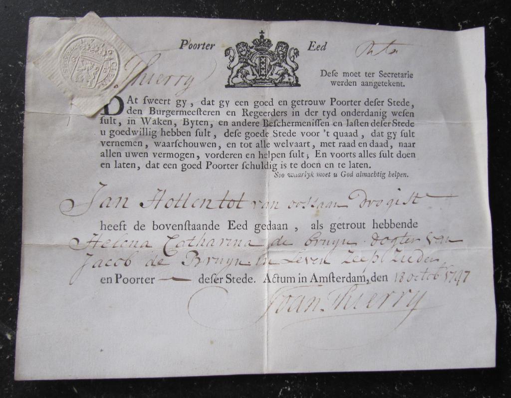 Poorterbrief  Poorterrrecht 1797 Jan Hottentot Amsterdam, Ophalen of Verzenden, Zo goed als nieuw