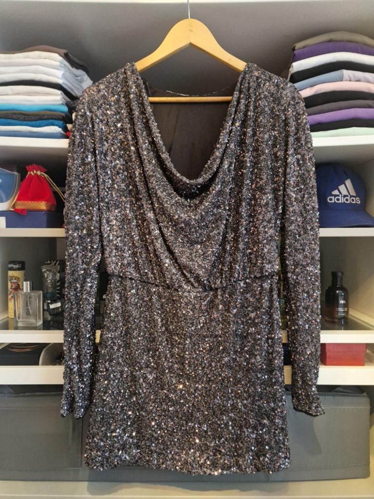 Zwarte pailletten jurk met lange mouwen - Zara, Overige kleuren, Zara, Maat 46/48 (XL) of groter, Nieuw