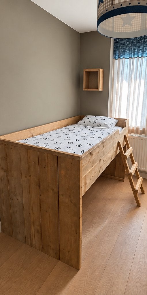 Stoere steigerhouten halfhoogslaper 90x200 incl. lattenbodem, Ophalen, Gebruikt, Eenpersoons