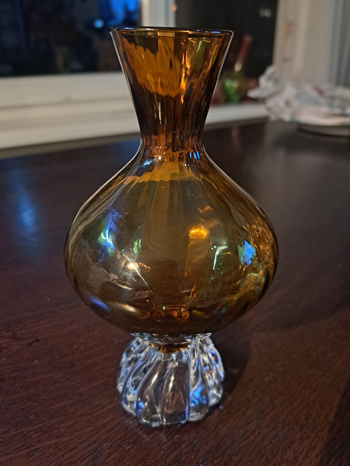 Vintage Amber Glazen Vaas met Kristallen Voet, Ophalen of Verzenden