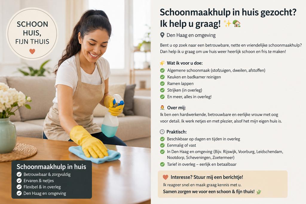 Schoonmaakhulp aangeboden - Betrouwbaar & betaalbaar in DH, Vacatures, Vacatures | Schoonmaak en Facilitaire diensten, Overige niveaus