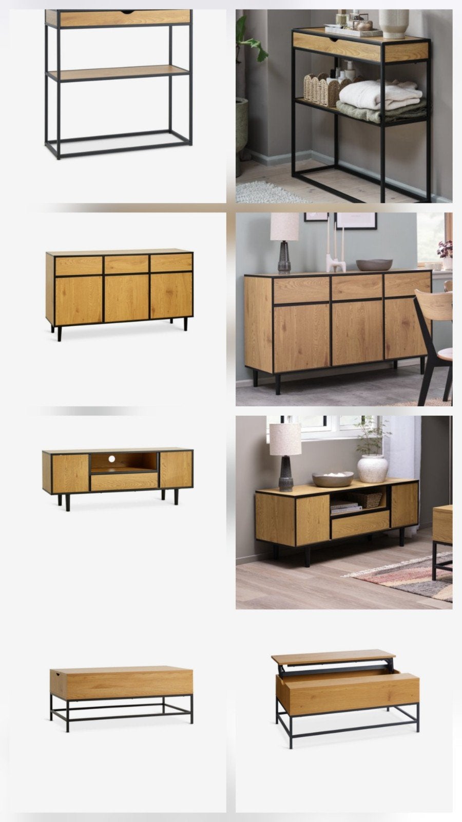 Complete meubelset dressoir, tv-meubel, salontafel, sidetabl, Ophalen, 150 tot 200 cm, Modern industrieel, Eikenhout