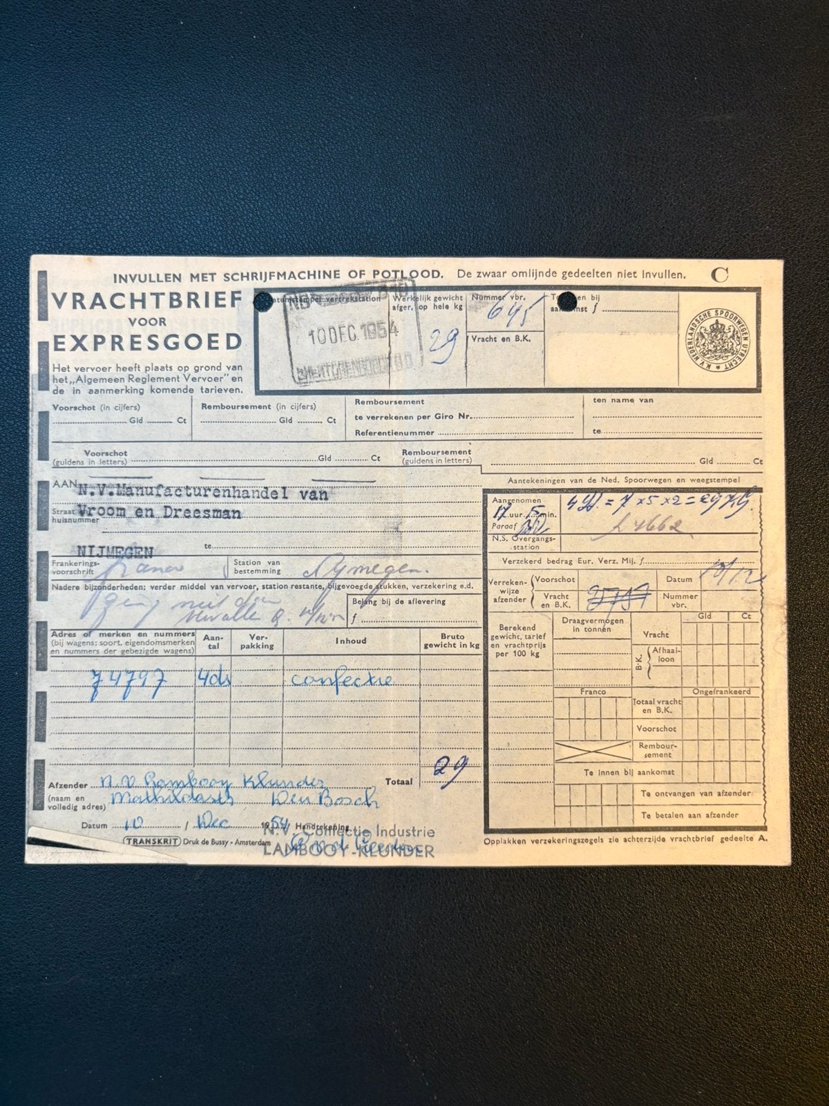 Vrachtbrief HT - NM / vier dozen confectie (1954), Verzamelen, Ophalen of Verzenden, Gebruikt, Trein