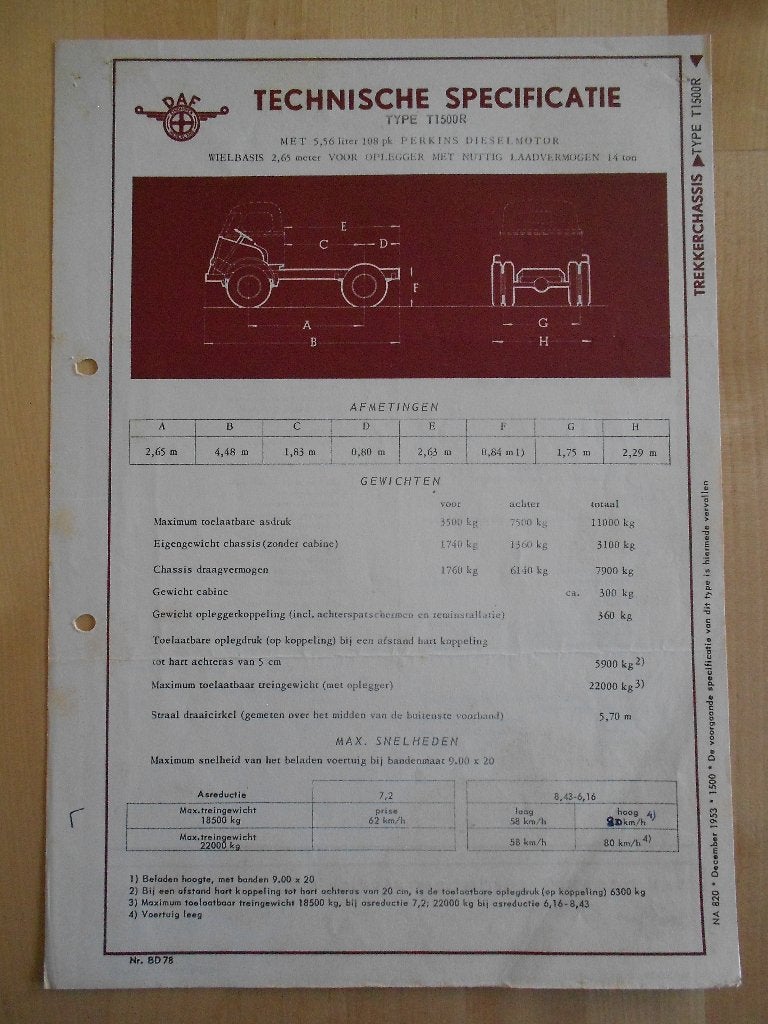 DAF T 1500 Technische Specificatie folder 1953 Kikker T1500R, Ophalen of Verzenden, Zo goed als nieuw, Overige merken, DAF