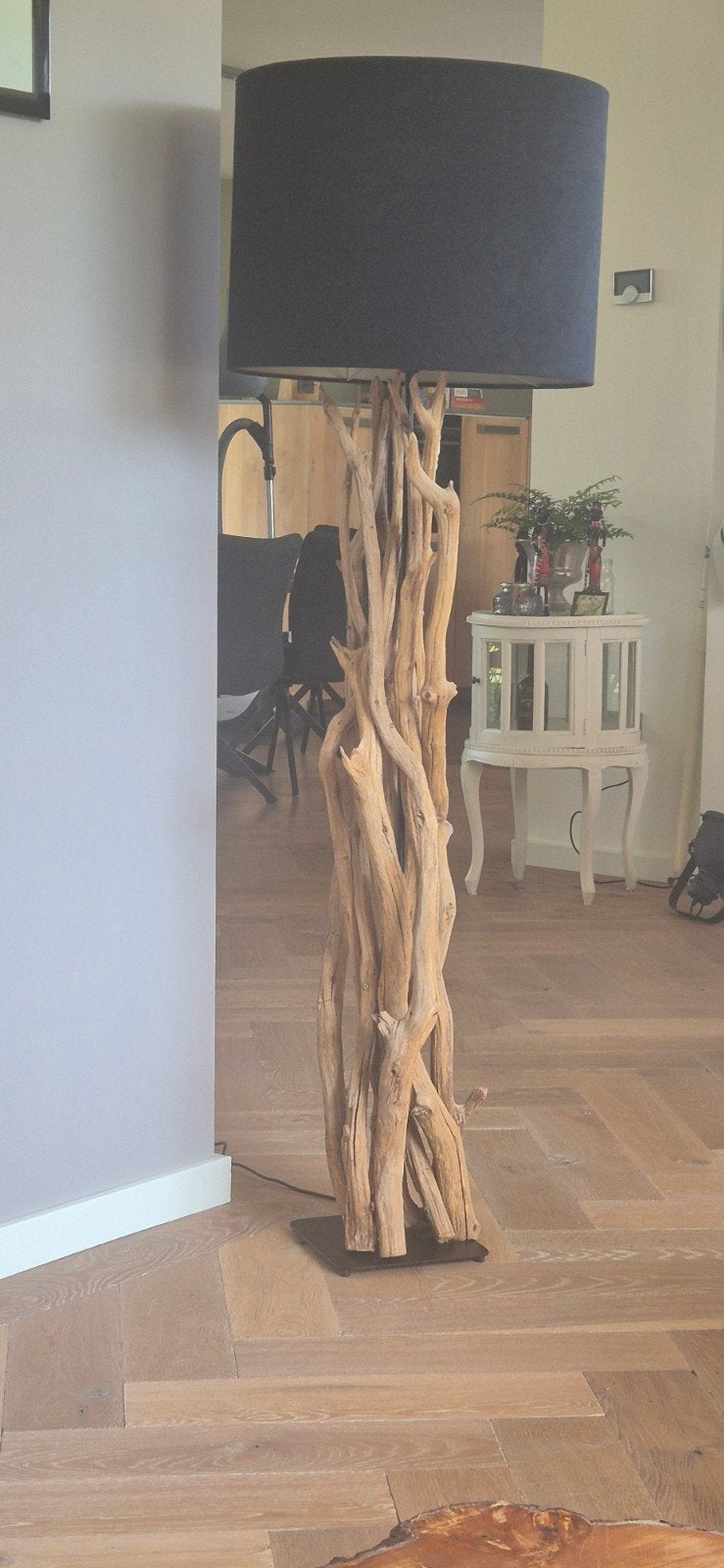 stoere, natuurlijke, lamp met zwarte kap, Ophalen, E27 (groot), Zo goed als nieuw, 150 tot 200 cm