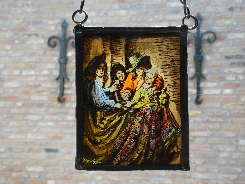 Glas in lood  gebrandschilderd De Koppelaarster naar Vermeer, Antiek en Kunst, Kunst | Schilderijen | Klassiek, Ingelijst, Nederlandse school