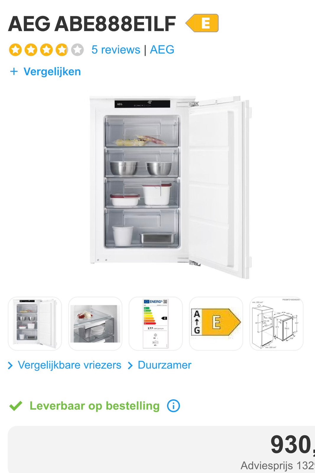 AEG VRIEZER INBOUW, Minder dan 60 cm, Zo goed als nieuw, Inbouw, Ophalen