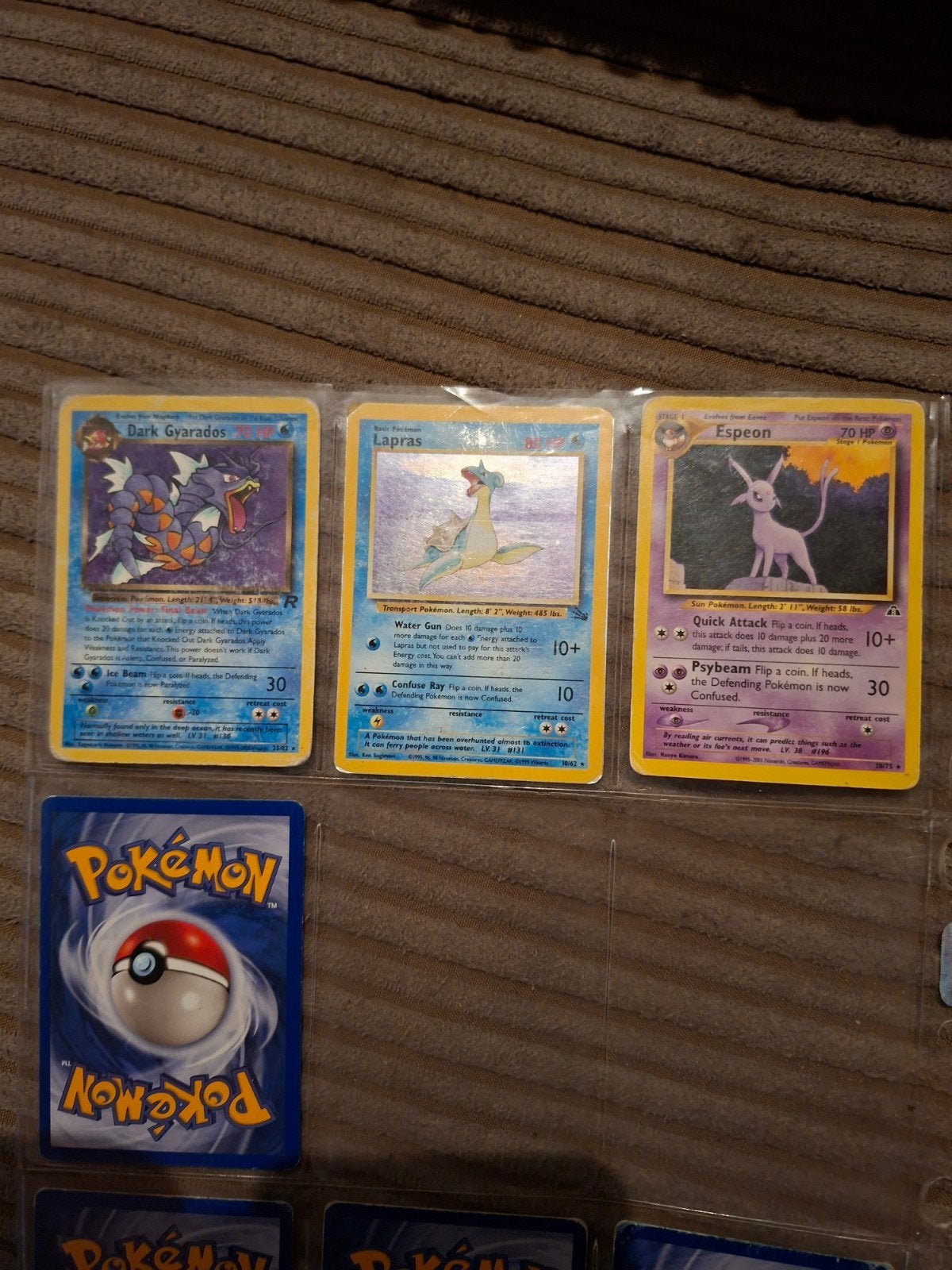 Pokémon kaarten: Dark Gyarados, Lapras, Espeon, Hobby en Vrije tijd, Ophalen of Verzenden, Gebruikt, Meerdere kaarten