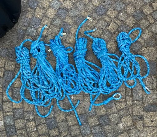 Set van 6 blauwe landvasten / touwen, Ophalen of Verzenden, Gebruikt, Lijn of Blok