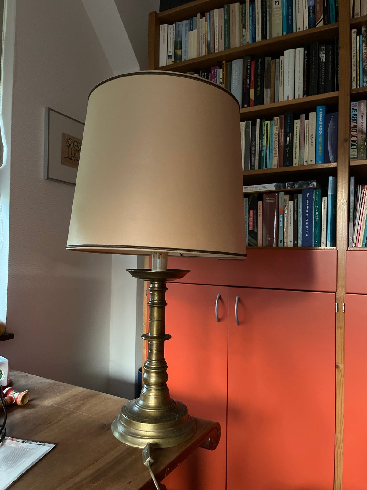 Vintage Messing Tafellamp met Crèmekleurige Kap, Ophalen