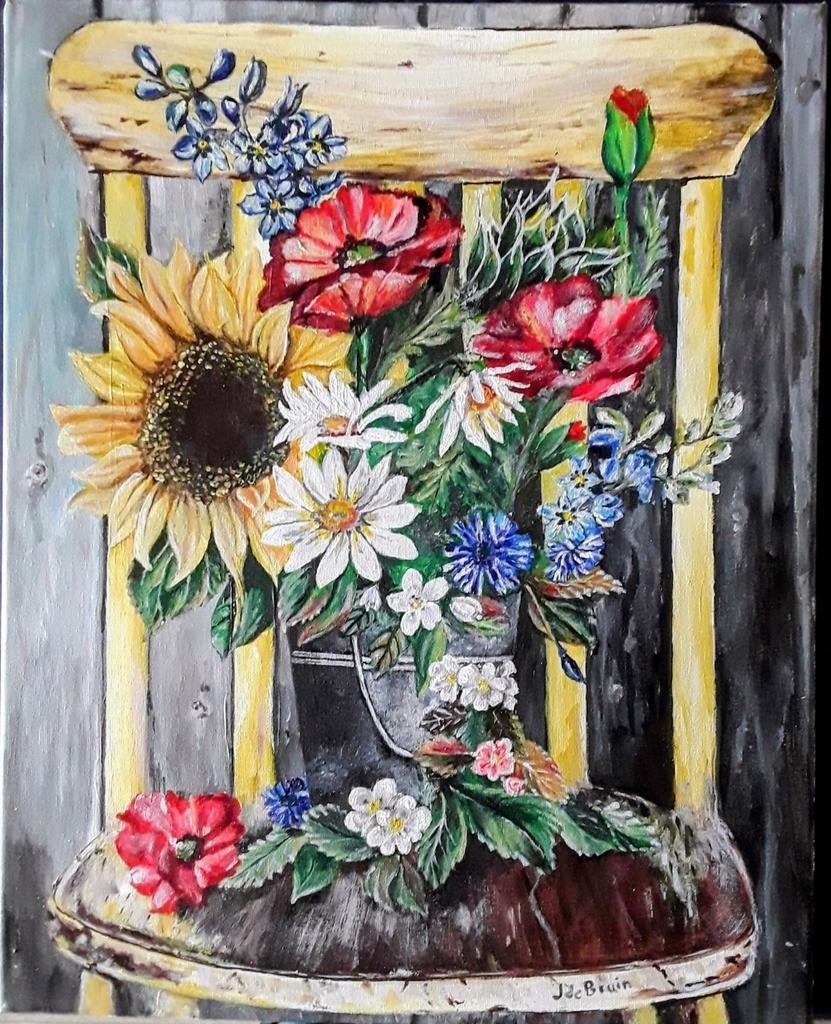 3 luik acryl schilderijen Jan de Bruin bloemen op stoel, Ophalen of Verzenden