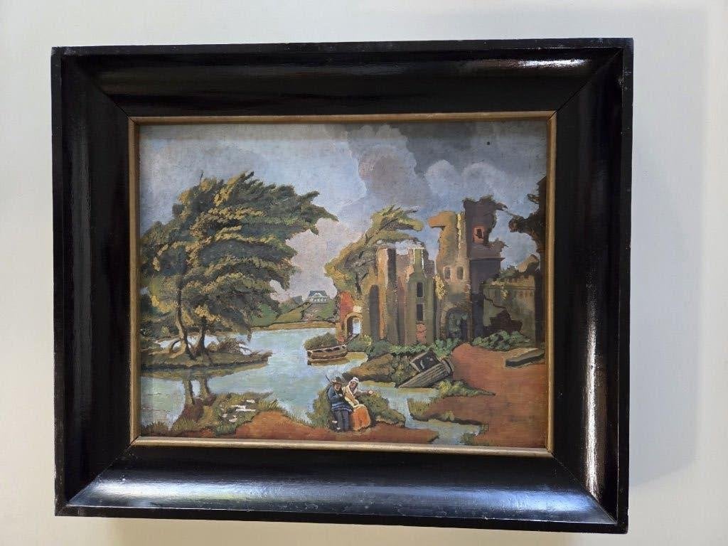 Vintage schilderij op paneel in zwarte lijst, Antiek en Kunst, Curiosa en Brocante, Ophalen